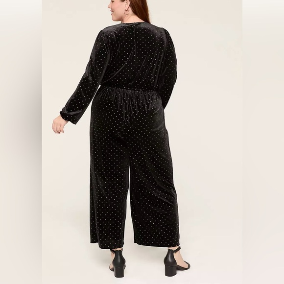 Lane Bryant Embellished Black Velvet & Gold Studded Shirred-Shoulder Jumpsuit - Picture 3 of 7